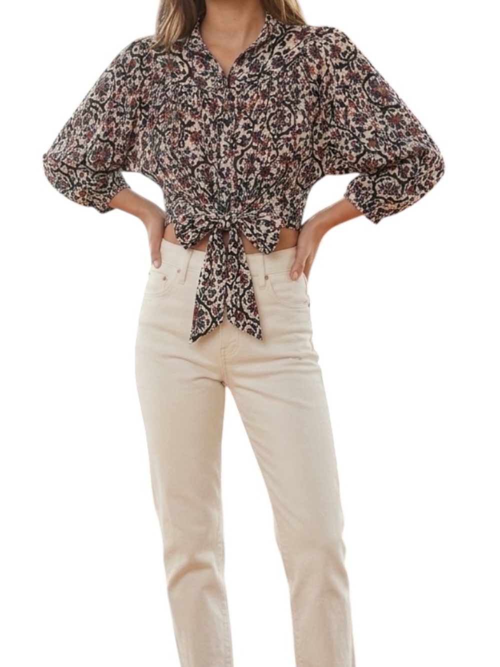 Cynthia Rowley Floral Tie-Front Crop Blouse Size XS